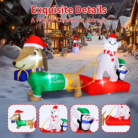 ⚡8FT Christmas Inflatables Weiner Dog Sleigh Bear&Penguins Outdoor Decorations - Picture 6 of 7